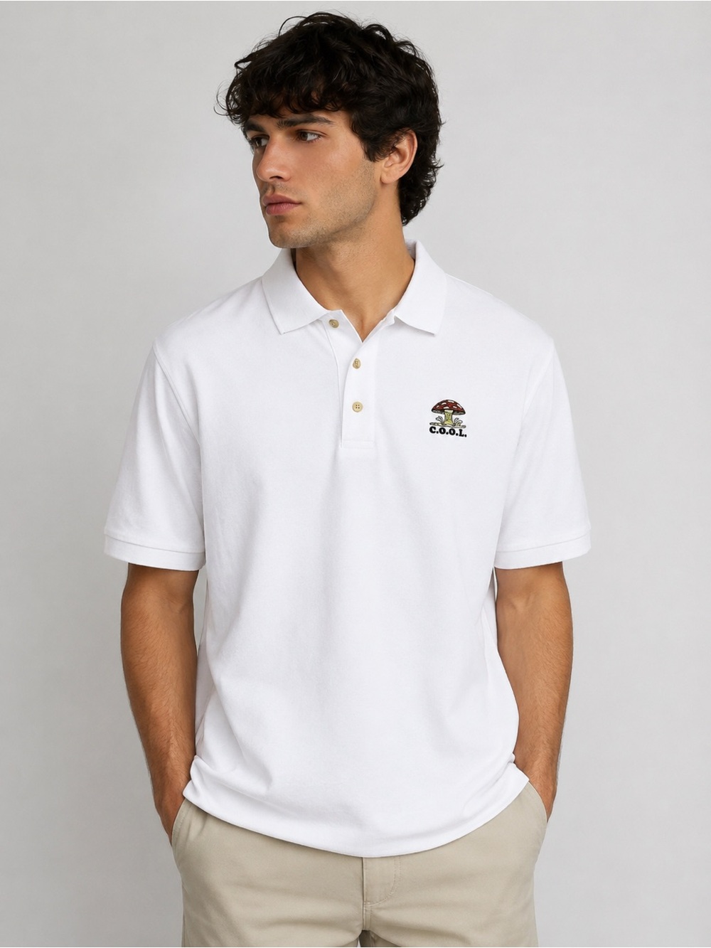 Men’s C.O.O.L Egyptian Cotton Polo Shirt White Embroidered Mushroom Football XL